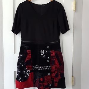 Desigual Patchwork Short Sleeve Textured Rainbow Mini Artsy Dress Black Sz S